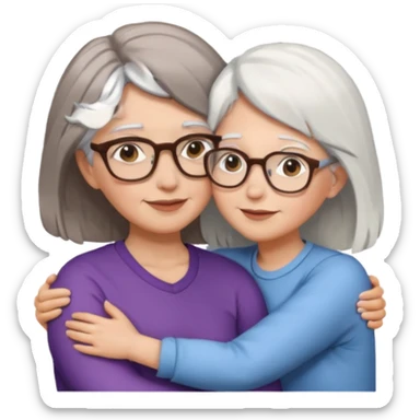 Abrazo de Madre con pelo blanco y gafas y hija con pelo morena sin gafas sticker