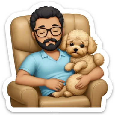 Guy with glasses and black beard sleeping on recliner and drooling with blonde maltipoo sticker