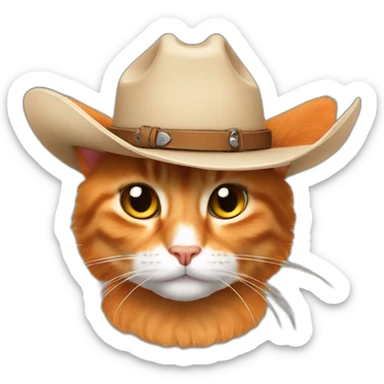 pure orange hairy japanese bobtail cat while wearing a brown cowboy hat with the cat ears poking out of the hat sticker