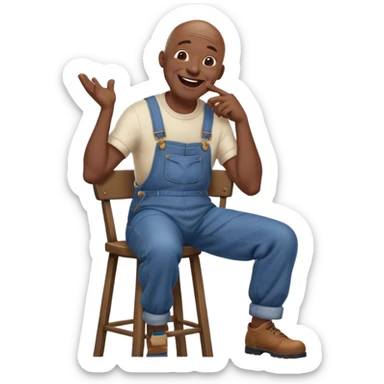 Side view Laughing telling story very Old bald black man sitting on stool wearing overalls no shirt sticker
