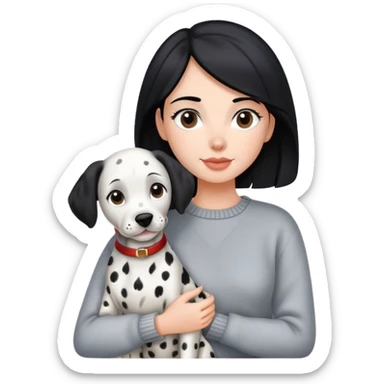 black haired woman holding a dalmation dog and wearing grey sweater sticker