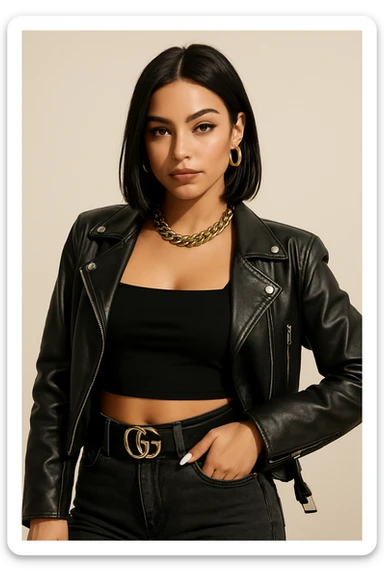 baddie character with dark hair, hazel eyes, small nose, confident expression, stylish look sticker