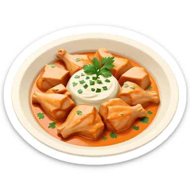 Butter Chicken Cinematic Realistic Butter Chicken Dish Emoji, depicted as tender chicken pieces sliced up and bathed in a creamy white sauce garnished with fresh cilantro, rendered with rich textures and vibrant, appetizing lighting. sticker