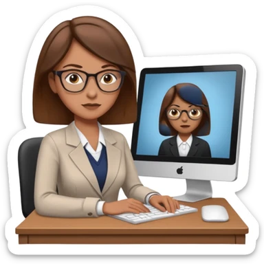 Uma mulher de cabelo cstanho que é professora um pouco brava não usa óculos e está a trabalhar ao computador sticker