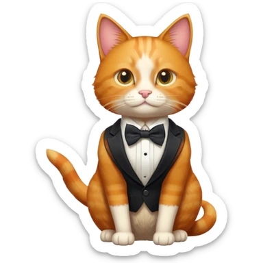 A ginger cat wearing a sleek, tailored classic suit with a bow tie, sitting elegantly with a confident expression, detailed fur texture, and a polished, sophisticated vibe. sticker
