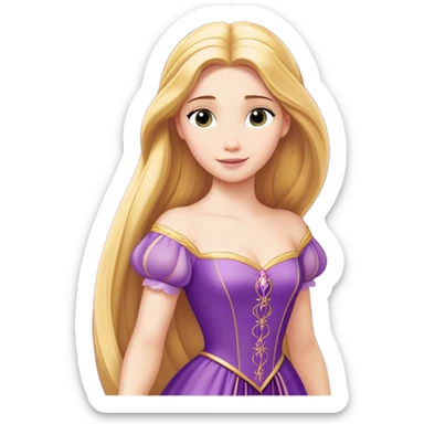 Cinematic Majestic Rapunzel Portrait Emoji, rendered in a clean, vector-style with bold, simplified shapes. Show Rapunzel with a serene, graceful expression, luminous fair skin, and elegantly styled long golden hair, accented by her classic purple gown. The design radiates a majestic, dreamlike glow with high shine and a soft glowing outline, embodying regal beauty. sticker