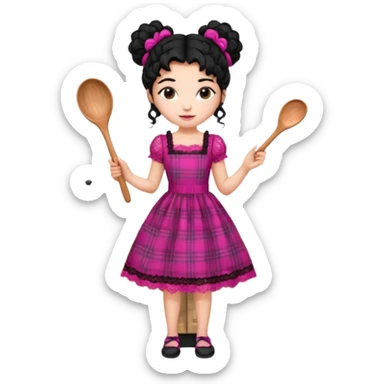 
A beautiful girl wears a fuchsia lace dress with a plaid pattern. Her long, curly black hair is styled in a messy bun. She wears accessories and holds a wooden kitchen spoon. She is standing and wearing black shoes. The illustration style is clipart. sticker