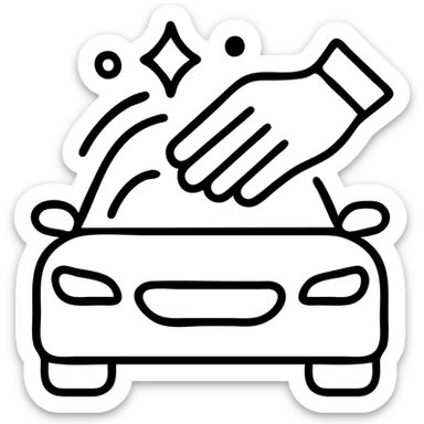 outlined icon of an elegant hand with white glove on the hood of a premium car, drops or shine, clean lines, black and silver, smooth motion lines for cleaning, modern look sticker