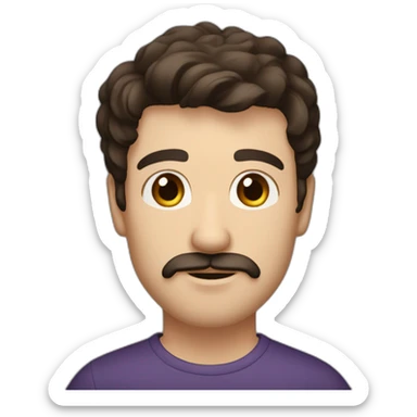 A young Caucasian man with dark brown, almond-shaped eyes, short dark brown hair, and a small dark brown beard with a more prominent mustache. sticker