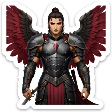A towering Illyrian warrior with long, dark hair tied loosely at the nape of his neck, his hazel eyes flickering with battle-hardened resolve and mischief. His powerful frame is clad in black leather armor with deep crimson accents, fitted perfectly to his broad shoulders. His massive Illyrian wings stretch behind him, their leathery surface marked by scars of countless battles. A wicked grin plays on his lips, revealing the roguish charm beneath the warrior's exterior. sticker