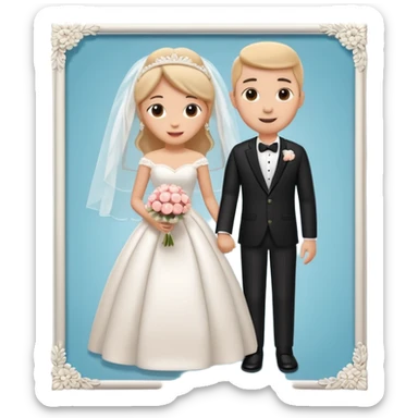 A 3D cartoon wedding advertisement poster hanging on a wall, with bride and groom illustration, visible border, flat lighting, Memoji-style. sticker