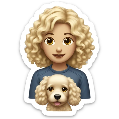 Blond girl with a slight of curly hair holding a fluffy dog sticker