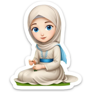 Turkish beautiful finish Konya girl blue eyes with lily flower hijab long tail dress and sits on the grass on the ground and hold lily flower on hand  sticker