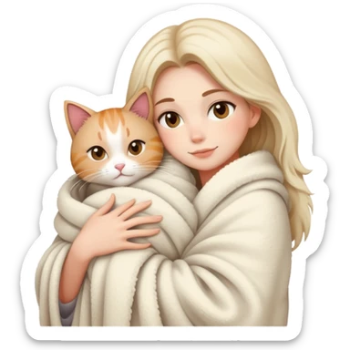A beautiful woman wrapped in a blanket hugs a cat sticker