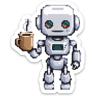 A robot character holding a coffee mug sticker