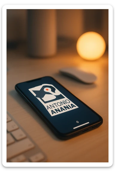A photo of an iPhone on the desk with the message "Antonio Anania" on its screen, The phone sits atop a desk with a blurred background that suggests work environment. A faint glow from above casts gentle shadows across the surface of each object, creating depth and highlighting their textures sticker