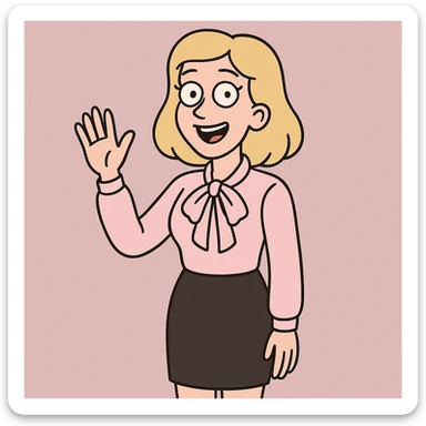 A woman light yellow hair Sky pink Flavia Pussy Bow Blouse Black Numana Straight Skirt a hand say hello sticker