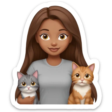 a pretty bratz dusky girl with long brown hair with four cats nd wearing a grey tshirt sticker
