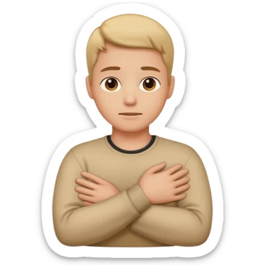 Person crossing arms holding neck sticker