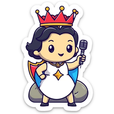 rock and roll queen with crown, microphone, rock star pose, energetic sticker