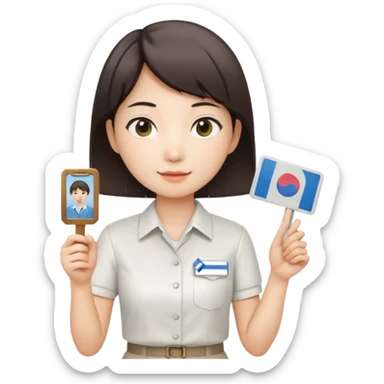 A Korean short-haired female tour guide is wearing a white shirt and holding her guide license in one hand, which is a horizontal card. sticker