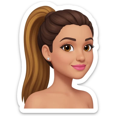 brunette with golden brown long hair with dark brown roots in a sleek high ponytail, dark brown eyes, medium brown eyelash color, full lips, small button nose, fair skinned like of olive color, with full eye lashes, diamond earring studs, with pink lipstick, and nice smile sticker