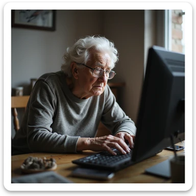 elderly person in front of a computer, trembling hands on the keyboard, expression of frustration and confusion, simple home environment, natural light, hyperrealistic 4K details sticker