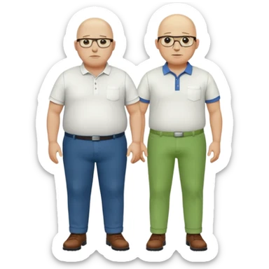 two guys, the first guy is white bald have glases a white dressshirt with rolled up sleeves and green pants he is over weight, The second guy has a yellow skin white golf shirt blue jeans and bald they should stand next to eachother they are both really fat  sticker