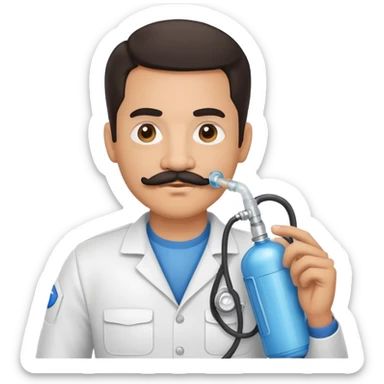 Hispanic man with mustache holding oxygen tank  sticker