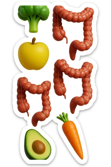 emoji stile iphone in 3d di cibo sano che fluttua in aria vericalmente insieme a pezzi di colon umano anatomico, iperrealistico 4k sticker