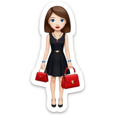 chica labios rojos ojos azules pecas pelo marron collar pulsera vestido negro tacones y un bolso rojo sticker