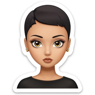 russian features, dark black dark black  buzz cat, beauty,  hair, tan skin,  eyes, pretty eyes, black eyeliner, pretty bratz baddie sticker