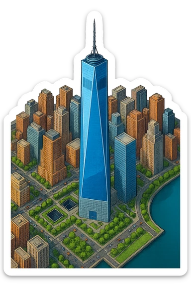 Изометричная, яркая, детализированная, объемная и фотореалистичная иллюстрация башни One World Trade Center. В стиле 3D-коллажей городов, насыщенные цвета, аккуратные и чёткие линии, мультяшно-реалистичная стилистика. Чёткие контуры, не размазанные линии, высокое качество, прозрачный фон, не обрезать края картинки sticker