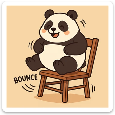 large panda bouncing on dining chair to test strength, cartoon style, simple background, fun and lighthearted sticker