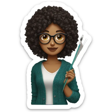 woman with black glasses curly hair holding crochet needle and yarn sticker