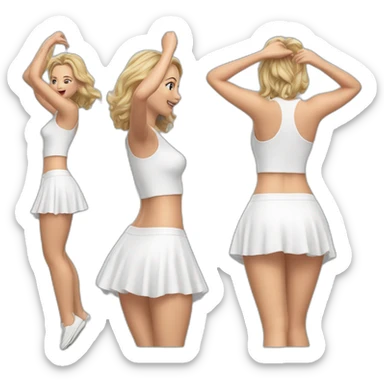 hyperrealistic-full-body-caucasian-curvy-beauty-jumping-small white-skirt-back-and-front-views-strong-wind-knickers white spcks sticker