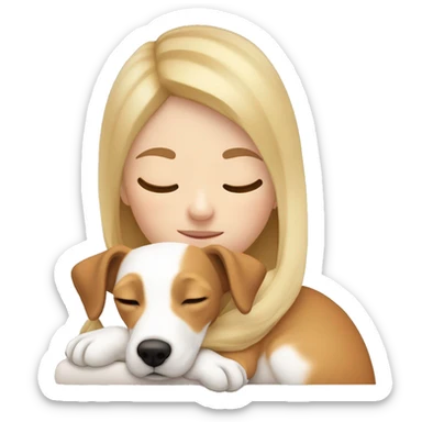 White blonde girl who sleeping in cuddle with her jack russel who have the face full ligh brown / light orange  sticker