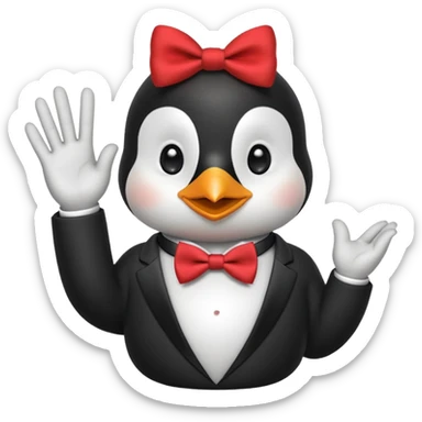 Un pinguino con una pajarita roja haciendo el gesto con la mano abierta de cumplir una promesa sticker