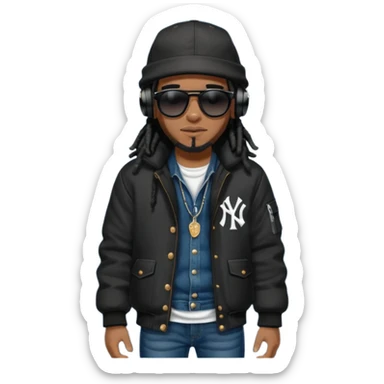 African American man with shoulder length black dreadlocks and black sunglasses wearing a black New York Yankees baseball hat wearing a black bubble winter coat with denim skinny jeans and timberland boots wearing headphones sticker