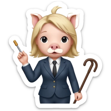 Female pig with hair wearing a suit and  a cane sticker