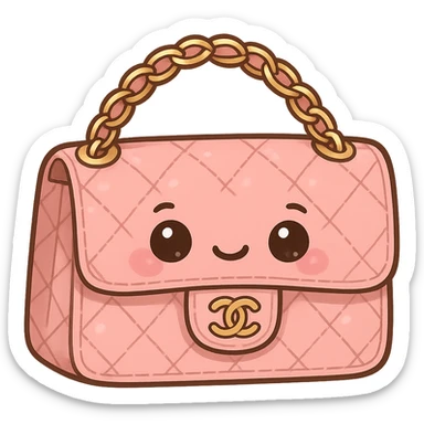 pink Chanel purse with a cute face, cute and exaggerated, chibi stickers style sticker