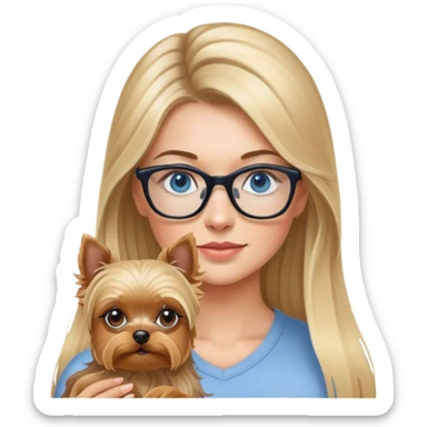 Blonde balayage long hair women with blue eyes wearing glasses holding a Yorkshire terrier  sticker