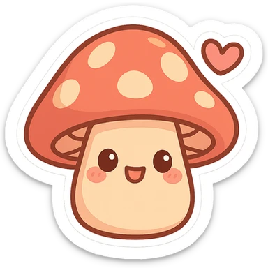 chibi sticker-style mushroom with a heart accent, cute and exaggerated sticker