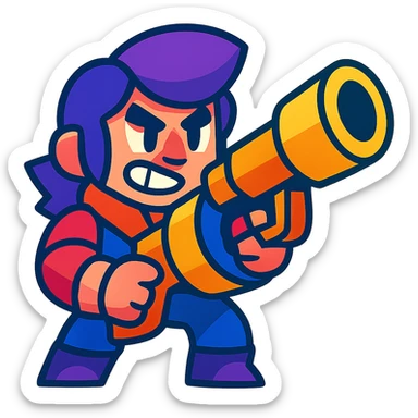 Brawl Stars character with a big weapon, colorful and bold sticker