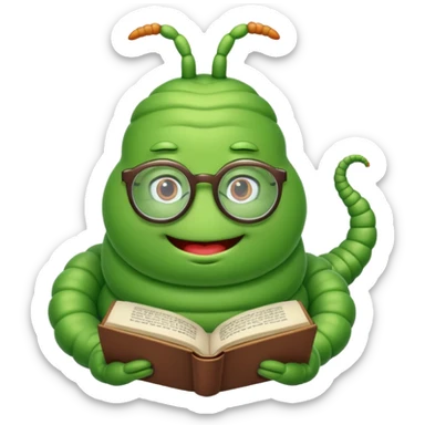 green fat Worm with glasses reading book sticker