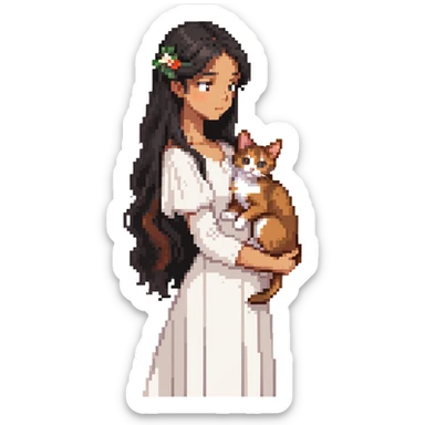 beautiful girl with long black hair wearing a white dress holding an Abyssinian cat with reddish-brown fur in her arms, side view sticker