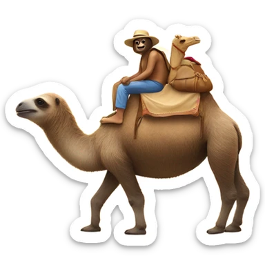sloth riding a camel on a beach into the sunset sticker
