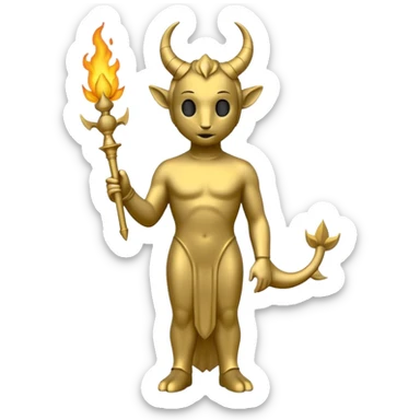 Minimalist emoji-style sticker of a full-body Oscar-like statue in matte gray-gold, with small horns, sharp tail, and faint flames at the base, all in black and muted hues sticker