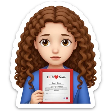 Sad girl with long curly brown hair shows her IELTS certificate with a low score in disappointment sticker