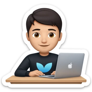 memoji of a man, apple-style, modern, dark hair, black sweater, Indian fair skin, small cute smile, sitting at a desk with a laptop, light blue gradient background sticker